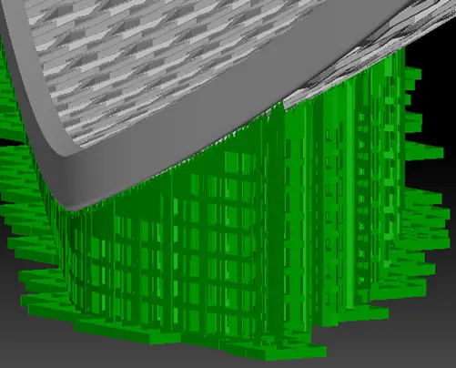 3Dプリンター用部品の下面に生成された格子状サポート構造のシミュレーション画像