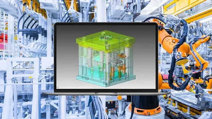 工場の産業用ロボットが稼働するラインを背景に、ノートPC画面に金型の3D CADモデルを表示し現場で可視化するシーン。