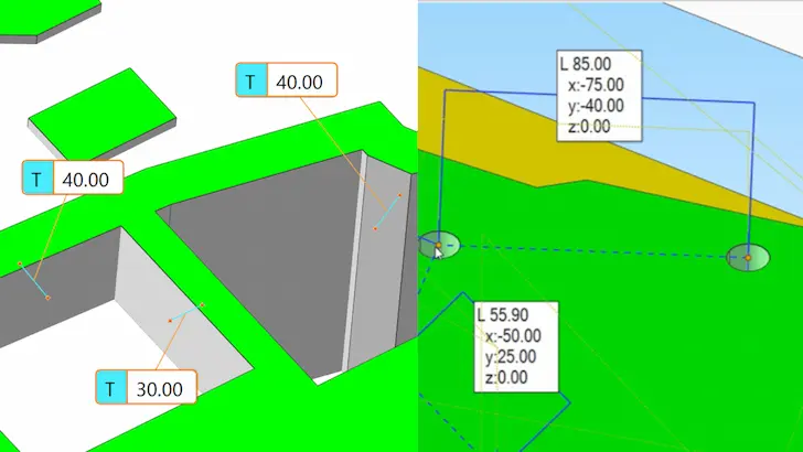 3Dモデル上に厚みT=40や距離L=85を表示する計測機能のスクリーンショット。