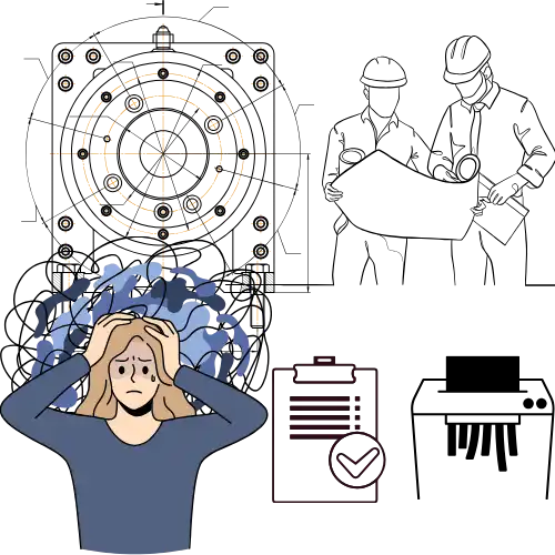 紙図面とチェックリスト作業で工数が増え、困惑する担当者を描いたイラスト。