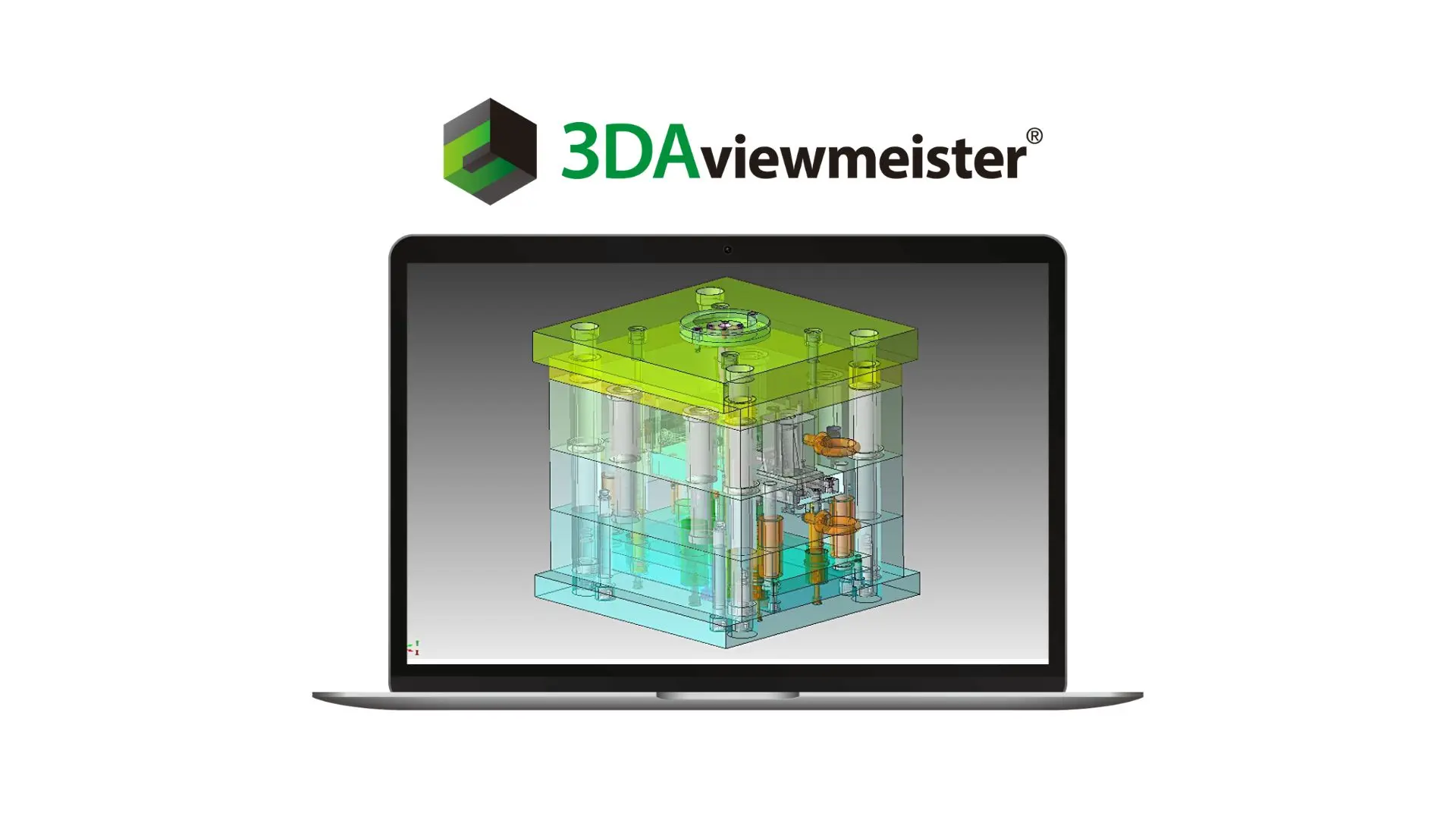 ノートPCに金型3Dモデルを表示す3DAviewmeisterのビューア画面。