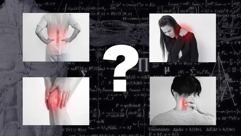 腰・肩・首・膝の痛みを赤いハイライトで示した人物写真のコラージュ