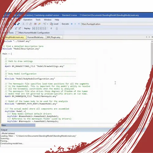 AnyScriptによるシンプルかつ柔軟な筋骨格モデリング言語のコードエディタ画面と、3Dモデルプレビューを並べて示すスクリーンショット