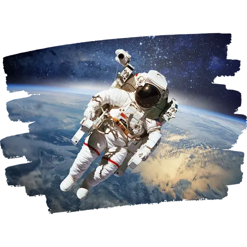 地球を背景に宇宙空間で外部活動(EVA)を行う宇宙飛行士の姿