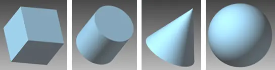 立方体・円柱・円錐・球体の4種類の3Dプリミティブ形状を並べて表示した画像