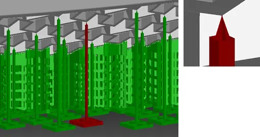 鉄筋コンクリート建物の柱の座屈解析を示す3D構造モデル