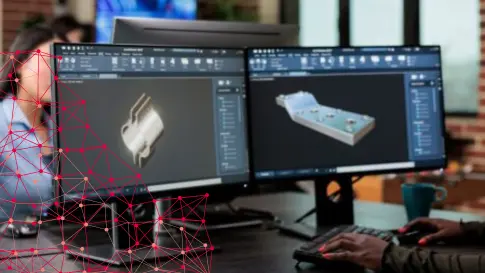 CADソフトで3D部品を表示したデュアルモニターと作業中のエンジニア、左側に赤いポリゴンメッシュが重なるオフィス風景