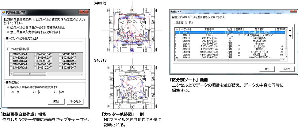 �u�O�Չ摜�����쐬�v�@�\�@�쐬����NC�f�[�^���ɃL���v�`���[����B�u�J�b�^�[�O�Ր}�v���@NC�t�@�C�����������I�ɉ摜�ɋL�ڂ����B�@�u�敪�ʃ\�[�g�v�@�\�@�G�N�Z����Ńf�[�^�̏��Ԃ���ѕς��A�f�[�^�̒��g�������ɕҏW����B