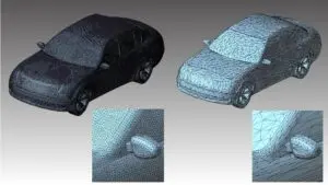 自動車3Dモデルの高密度メッシュと簡略化メッシュを並べ、サイドミラー部分の拡大比較も示した解析イメージ