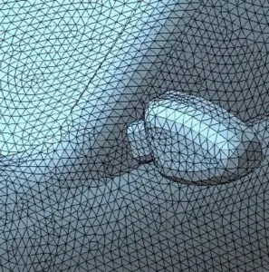 自動車ドアとサイドミラー表面を三角形ポリゴンメッシュで可視化した3Dモデル解析イメージ