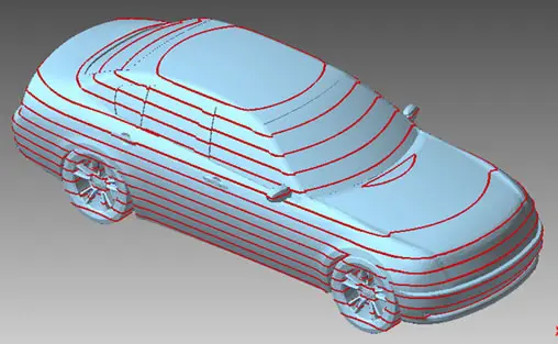 POLYGONALmeisterで自動作成した等間隔の断面ライン(赤)を持つ車両3Dメッシュモデルの可視化イメージ