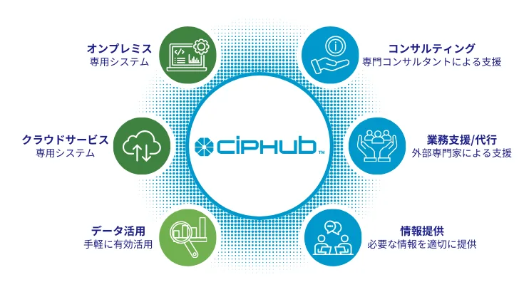 CiPHubロゴを中心にオンプレミス・クラウドサービス・データ活用・コンサルティング・業務支援/代行・情報提供の6サービスを円形に配置したインフォグラフィック