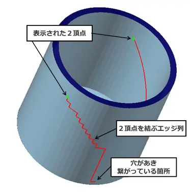 POLYGONALmeisterで2頂点間のエッジ列(赤線)と穴あき接合部を示した傾斜円筒メッシュモデルの説明図