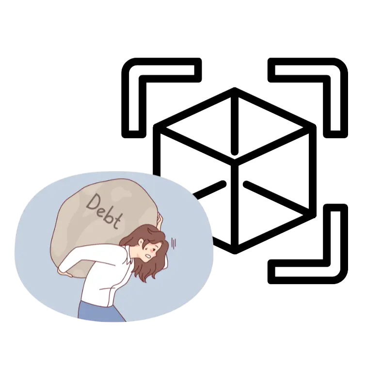 3Dスキャンを示すキューブアイコンと、Debtと書かれた大きな岩を背負い苦悩する女性を組み合わせたイラスト