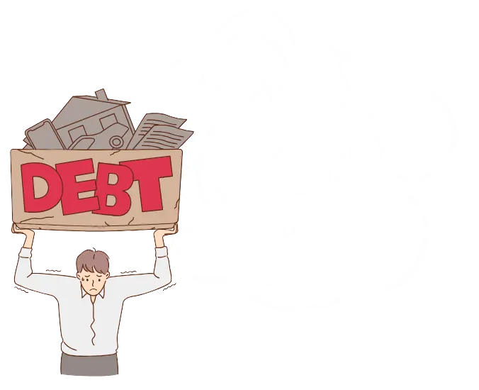 DX推進で発生する技術的負債の課題を表すイラスト。『DEBT』と書かれた箱を苦しそうに掲げる男性
