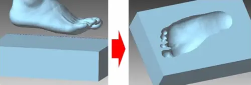 立方体ブロックに足の3Dモデルをブーリアン演算で凹型にくり抜き、足形の陰型を作成したイメージ
