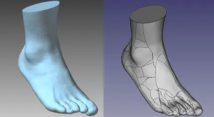 足部の3Dスキャンメッシュをサーフェス再構築で滑らかなモデルに変換したBefore/After比較イメージ