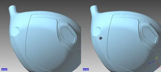 ゴルフドライバーヘッドの3Dメッシュモデルに円形穴を追加する前(左)と後(右)を比較したイメージ