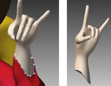 POLYGONALmeisterでポリゴン手首部をパス指定して切り出し、キャラクターモデルから腕パーツを分離した例