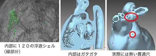 心臓CTメッシュの浮遊シェル・貫通孔など120箇所の欠陥を検出し、修復前後の違いを示す例