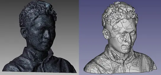 人物胸像の高密度ポイントメッシュをサーフェス再構築で滑らかなモデルに変換したBefore/After比較イメージ