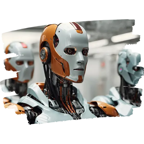 白とオレンジに塗装された複数のヒューマノイド型ロボットが整然と並び、自動化製造ラインを想起させる工業用ロボットのビジュアル