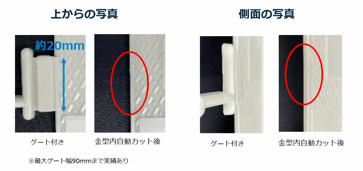 金型内自動ゲートカット前後を上面と側面から比較した成形品の写真