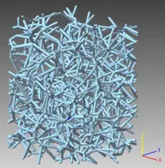 細い支柱がランダムに交差して立体格子を形成する立方体モデルの3Dビジュアル