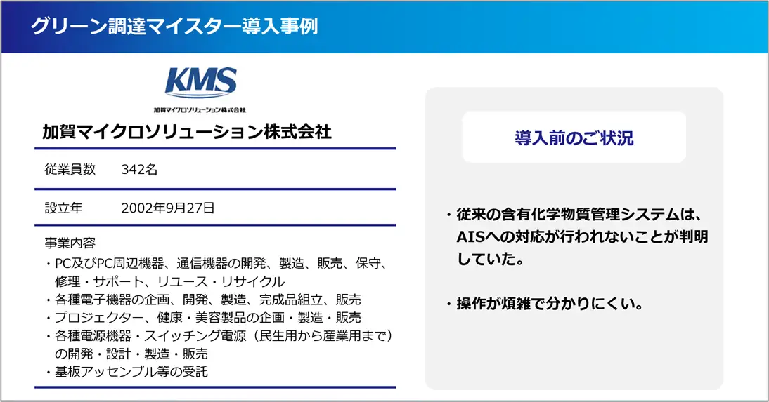 グリーン調達マイスター導入事例として、加賀マイクロソリューション株式会社の会社概要と「AIS非対応・操作が煩雑」など導入前課題を記載した説明スライド。