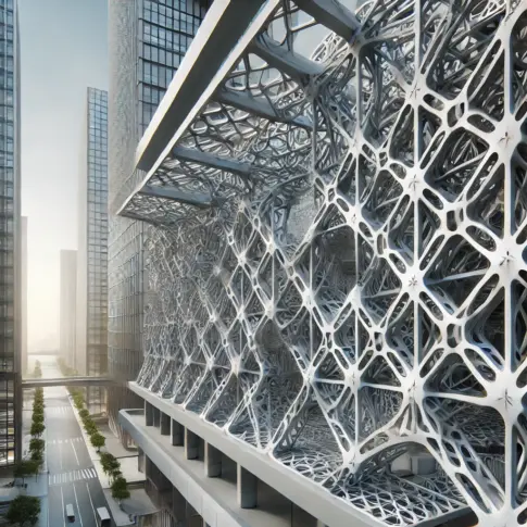 金属ラティス構造のパネルで覆われた高層ビルのファサードと都市の街路を描いたCGイメージ