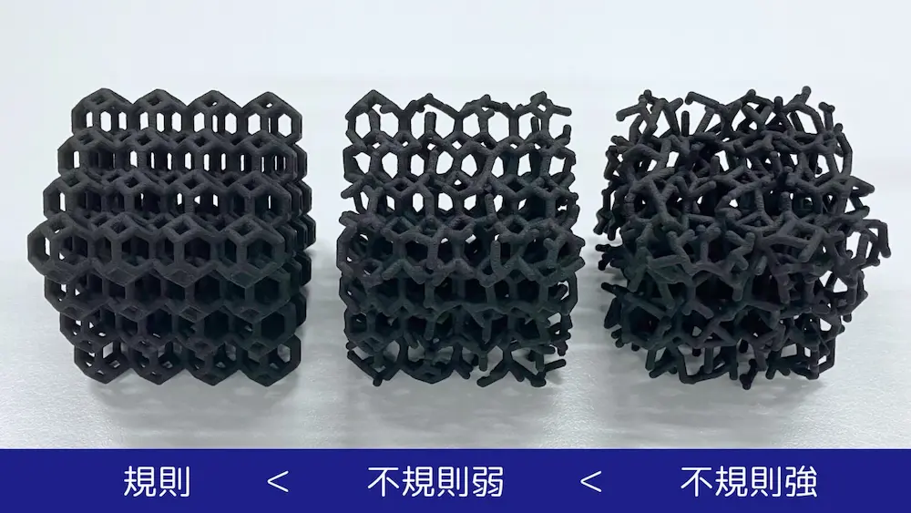 3Dプリンターで造形した黒色ラティス構造の立方体サンプル3個を横一列に並べ、左から規則・不規則弱・不規則強と構造の乱れが段階的に増す様子を示す写真