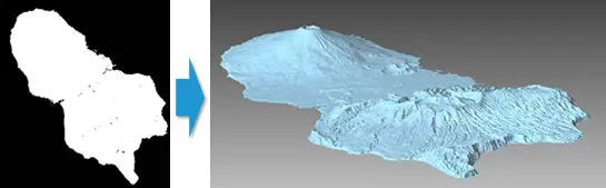 二値マスク画像から島全体を抽出し、POLYGONALmeisterで実在の火山地形メッシュを生成した例