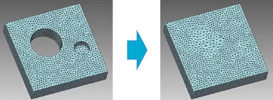 二つの円穴が空いたスクエアプレートのメッシュを穴埋めツールで平坦化したBefore/After比較イメージ