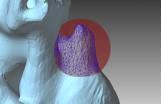 POLYGONALmeisterでラッソ選択した不要メッシュ(紫色部分)を削除する操作イメージ