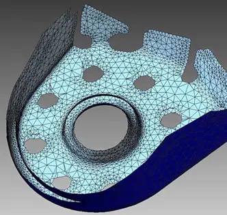 丸穴付き板金ブラケットの三角ポリゴンメッシュ。青色でハイライトしたシェルを抽出し、メッシュ編集例を示す図