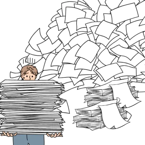 天井まで積み上がる大量の紙書類に埋もれて困惑する担当者のイラスト。紙ベースの手作業が招く業務負荷と非効率を象徴している。