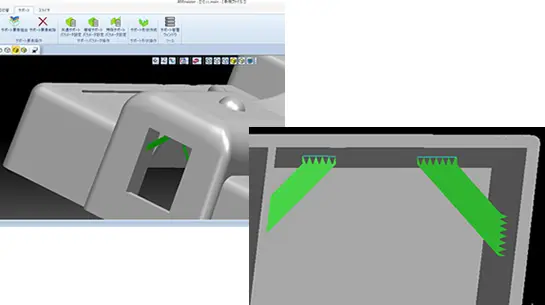 樹脂部品の抜き勾配解析を示す3D CAD画面