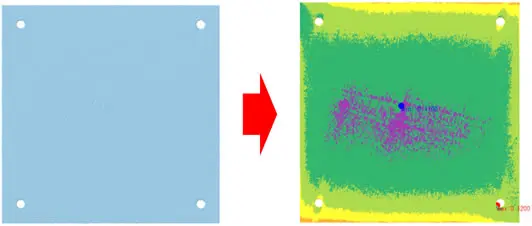 POLYGONALmeisterの板厚マッピング機能で、穴あき平板部品の肉厚分布をカラーマップで可視化した比較イメージ