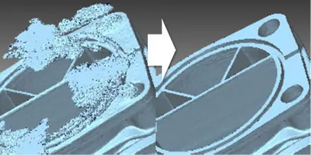 粗い点群データをPOLYGONALmeisterで滑らかなポリゴンメッシュに再構築し、ビフォーアフターで比較表示した例。