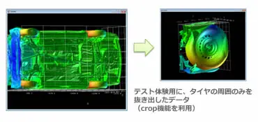 車両全体のCT計測データからPOLYGONALmeisterのクロップ機能でタイヤ周囲だけを抽出したビフォーアフター画像。