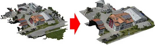 ドローン写真測量で生成した町並みの点群メッシュをPOLYGONALmeisterで不要部を除去し、3Dプリント用に整えたビフォーアフター画像。