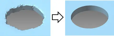 粗く欠けたポリゴン穴をPOLYGONALmeisterで円形に補修したビフォーアフター比較画像。