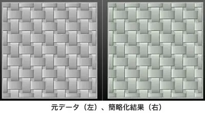 編み込み状パターンの高詳細ポリゴンをPOLYGONALmeisterで面数を抑えた簡略モデルへ変換したビフォーアフター比較画像。