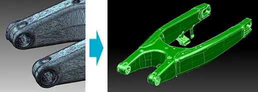 粗いスキャンメッシュのスイングアームをPOLYGONALmeisterでポリゴン修正し、滑らかな緑色のCADサーフェスモデルへ変換したビフォーアフター画像。