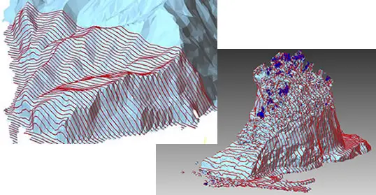 POLYGONALmeisterで生成した地形メッシュに赤い断面線を多数重ね、崩落土砂領域を点群で示した地形解析の事例。