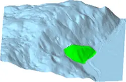 TIN地形モデル上で対象斜面を緑色に抽出し、POLYGONALmeisterの領域選択機能を示す例。