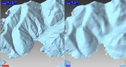 粗い地形メッシュを細分割して滑らかにした前後比較を示すPOLYGONALmeisterの地形整形例。