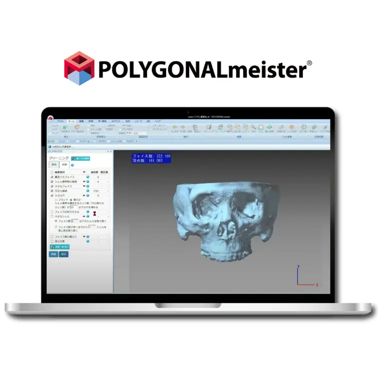 POLYGONALmeisterで頭蓋骨3Dスキャンデータを表示・編集している画面