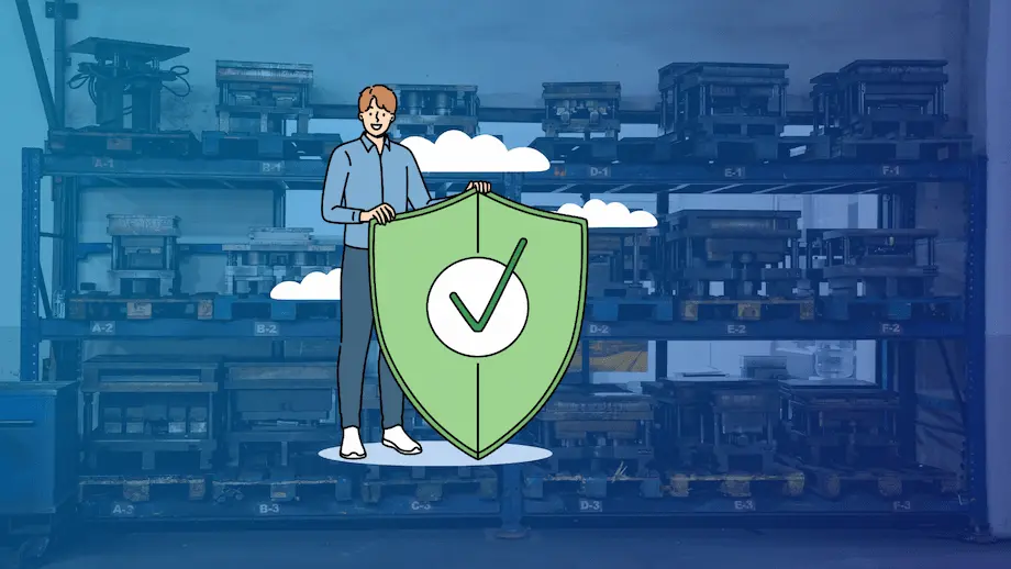 工場の棚を背景に、大きなチェックマーク付きの盾を持つ人物のイラスト。取引情報の記録保存やデータ管理への対応を表している。
