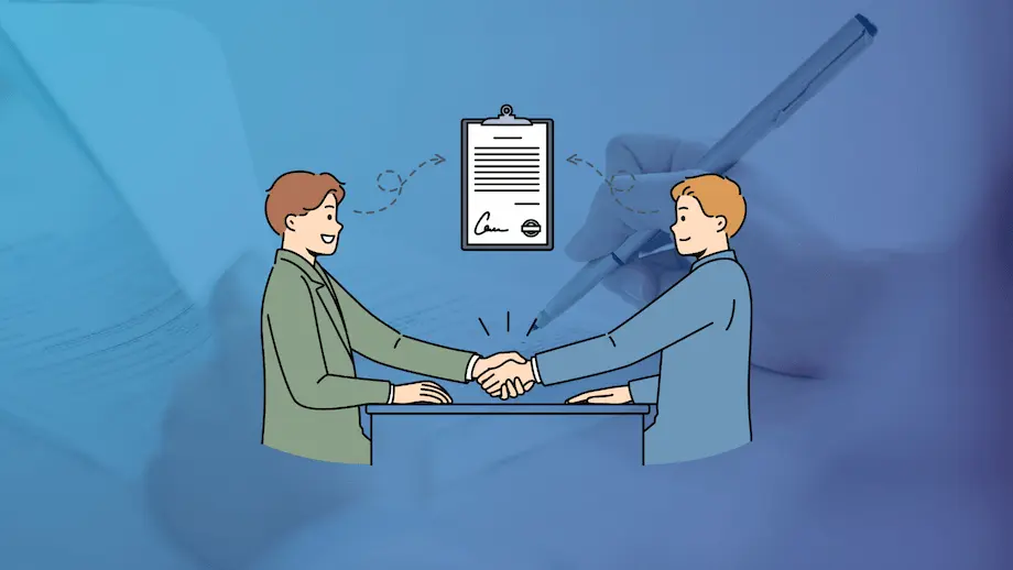 契約書のイラストを背景に、机を挟んで握手を交わす二人のビジネスパーソン。取引条件の明確化と書面交付への対応を表している。